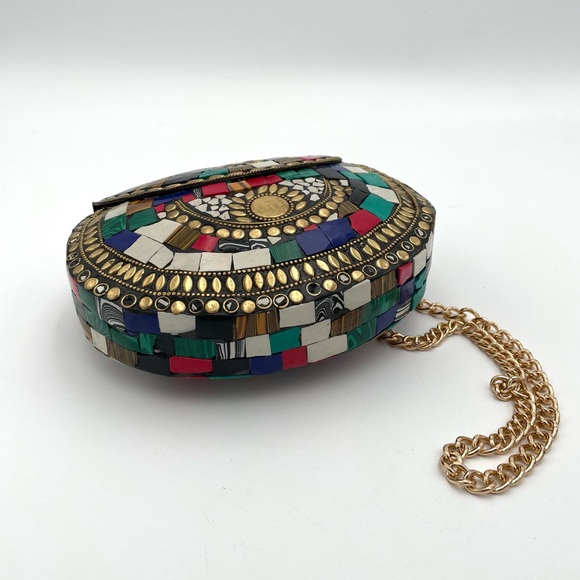 Vtg Himalayan Handmade Tibetan Mosaic Inlay Boho Clutch Evening Bag Multicolor - Picture 3 of 8